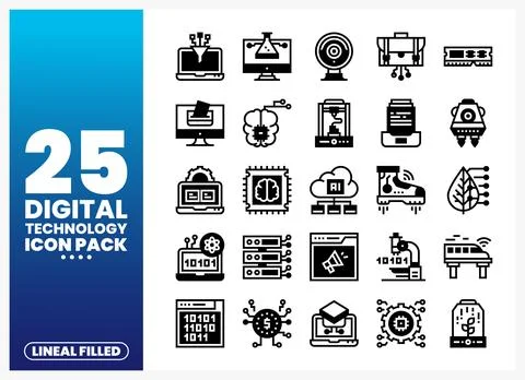 Digital technology icons in lineal filled style for tech presentations and .. 스톡 일러스트