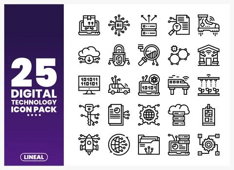Digital Technology Icons Pack with AI and Cloud Computing Stock Illustration