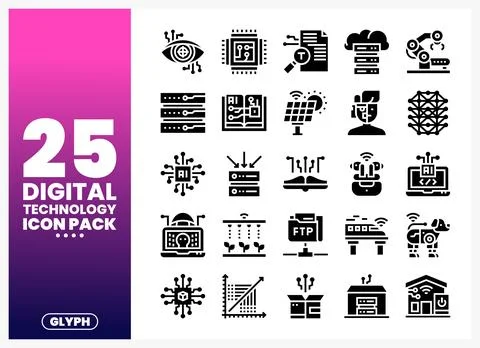 Digital Technology Icons Pack with AI. Robotics. and Networking Symbols イラスト素材