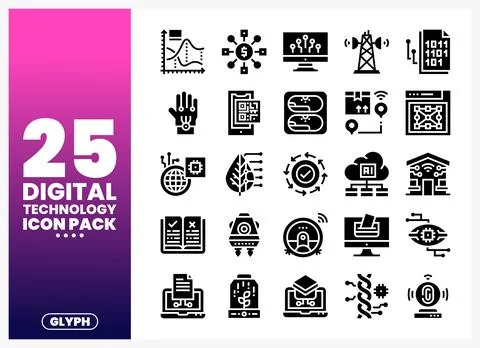 Digital Technology Icons Pack featuring diverse glyph symbols of data. AI. .. Stock Illustration