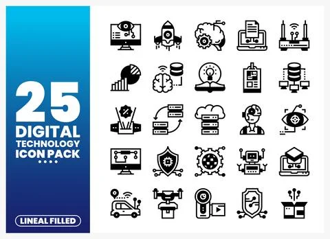 Digital Technology Icons Pack featuring science. AI. and data symbols. Vect.. Stock Illustration