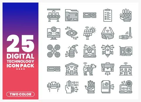 Digital technology icons pack featuring robotics. AI. and smart home symbol.. Stock-Illustration