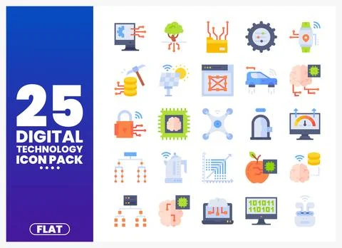 Digital Technology Icons Pack Flat Design Stock Illustration