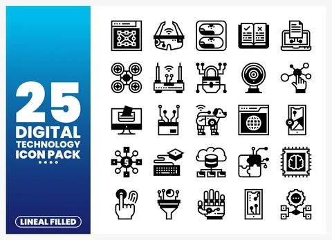 Digital Technology Icons Pack in a Lineal Filled Style Stock Illustration