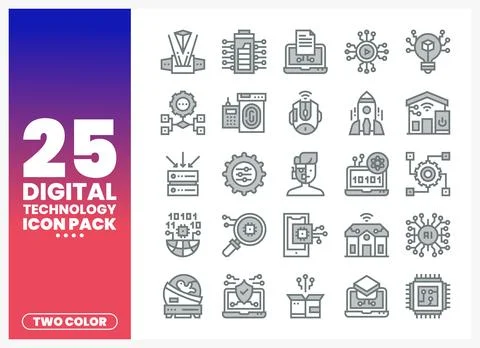 Digital Technology Icons Pack. Minimalist Two-Color Line Art Graphics Stock Illustration