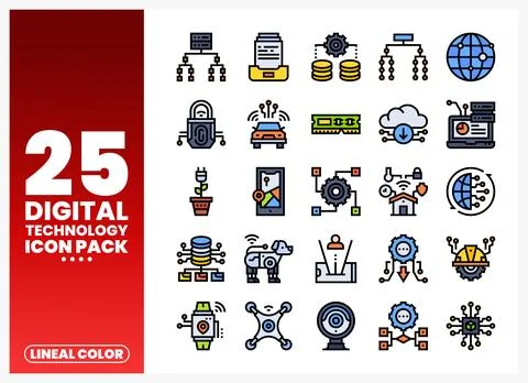 Digital technology icons pack with network. security. and IoT symbols. Coll.. Stock Illustration