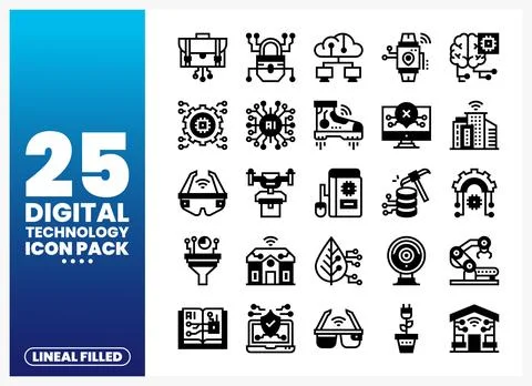 Digital technology icons in a pack offer diverse vector graphics on a gradi.. Stock Illustration