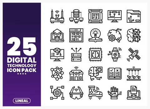 Digital technology icons presented in a grid layout on a white background. Stock Illustration