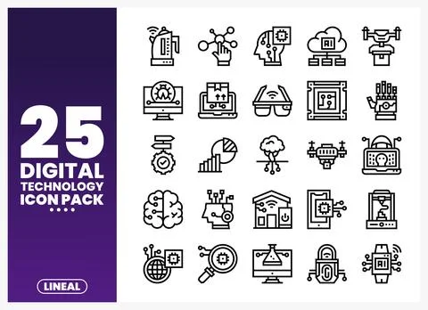 Digital technology icons representing AI. IoT. and data analytics. Collecti.. Stock Illustration