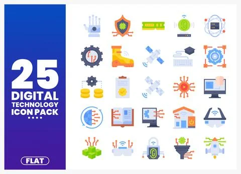 Digital Technology Icons Set Flat Vector Style Stock Illustration