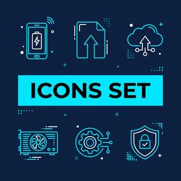 Digital technology icons set including smartphone with battery, document up.. Stock Illustration