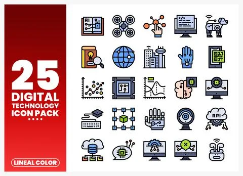Digital technology icons set. lineal color. flat illustration with clean ba.. Stock-Illustration