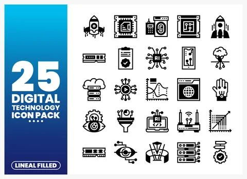 Digital Technology Icons Set with Rocket. Chip. and Cloud Illustrazione stock