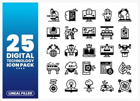 Digital technology icons show microscope. computer brain. robotic hand. sat.. 库存插图