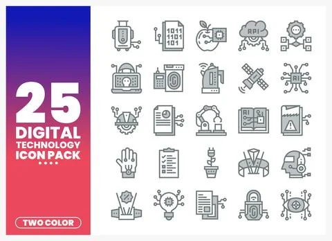 Digital technology icons in a two-color line art style on a white backgroun.. Stock Illustration