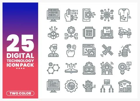 Digital technology icons. two-color line art. on a white background. 스톡 일러스트