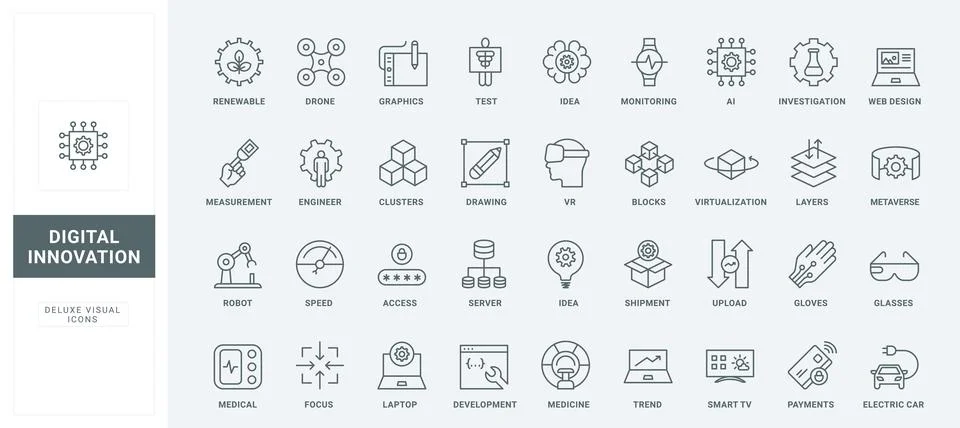 Digital technology, ideas for using AI, robot and drone, medical equipment line Stock Illustration