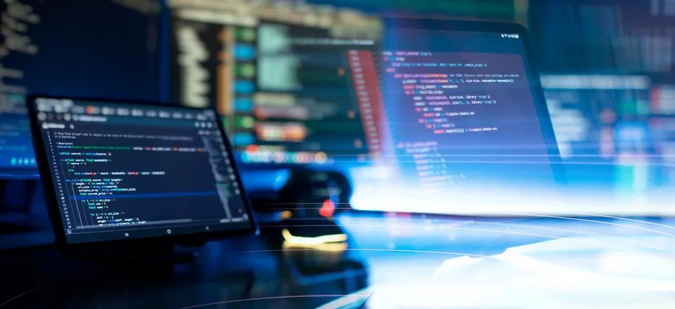 Digital technology industry concept development of programming and coding t.. Stock Photos