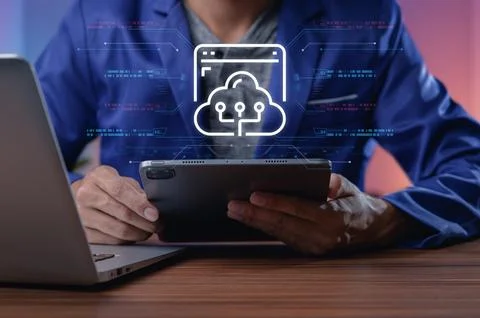 Digital Technology Interaction with Cloud Computing Concept 库存照片