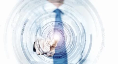 Digital Technology Interface With Finger Touch and Abstract Data Rings Stock Photos