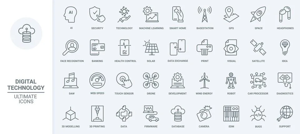 Digital technology, internet communication, machine learning thin line icons set イラスト素材