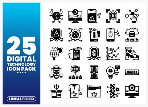 Digital Technology Lineal Filled Icons on White Background Stock Illustration
