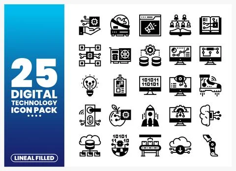 Digital Technology Lineal Filled Icons Stock Illustration