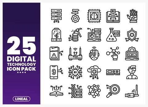 Digital technology lineal icons on a white background with a purple gradien.. 库存插图