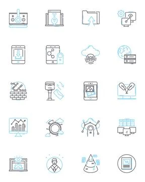 Digital technology linear icons set. Internet, Smartph, Cloud, Social media Illustrazione stock