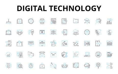 Digital technology linear icons set. Internet, Social Media, Cloud, Big Data Illustrazione stock