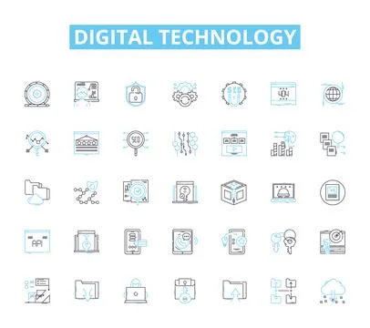 Digital technology linear icons set. Internet, Social Media, Cloud, Big Data Illustrazione stock