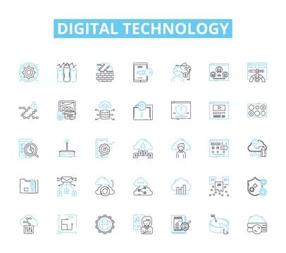 Digital technology linear icons set. Internet, Social Media, Cloud, Big Data Illustrazione stock