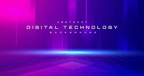 Digital technology metaverse neon blue pink background, cyber information tech Stock Illustration