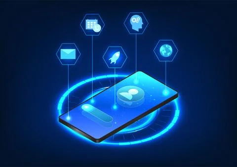 Digital technology mobile phone rests on a dark blue background, its screen.. Stockillustratie