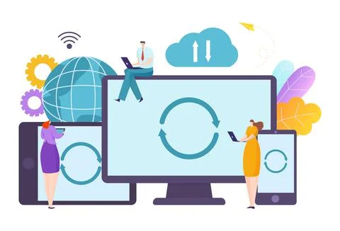 Digital technology modern gadget, wireless syncing device, synchronization data Stock Illustration