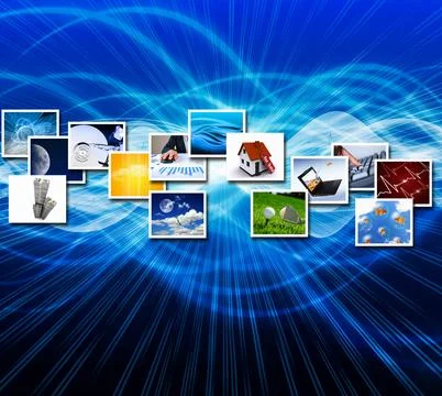 Digital Technology Multimedia Collage on Blue Light Network Background Stock Photos