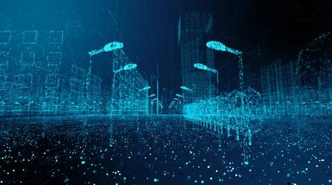 Digital technology office building of a smart city futuristic connected  Ilustración de archivo