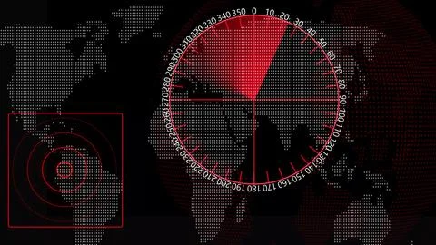 Digital technology red color radar screen with radio wave dots particles co.. Stock Illustration