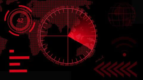 Digital technology red color radar screen with radio wave dots particles co.. Stock Illustration