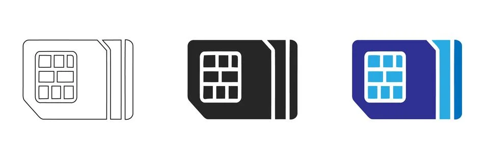 Digital Technology SIM Card Icons in Outline Black and Silhouette Stock-Illustration