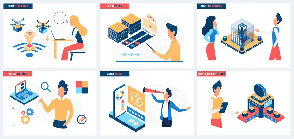 Digital technology for system security, privacy, cryptocurrency set and tiny Stockillustratie