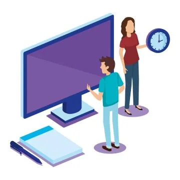 Digital technology with teamwork people isometric Stock Illustration
