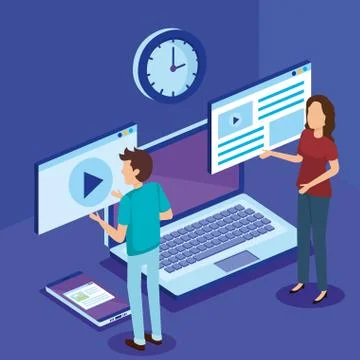 Digital technology with teamwork people isometric 스톡 일러스트
