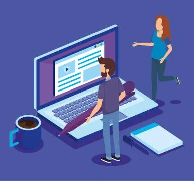 Digital technology with teamwork people isometric Stock Illustration