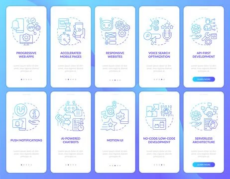 Digital technology tendency blue gradient onboarding mobile app screen set Stock Illustration