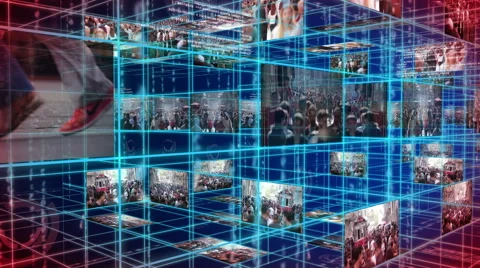 Digital technology text numbers with video rotating backgorund 4K red+blue Video stock 68568976