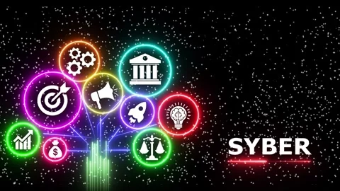 Digital technology tree with neon business icons on a black particle backgr.. 動画素材 335603038