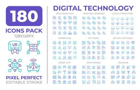 Digital technology two color line icons set collection 库存插图