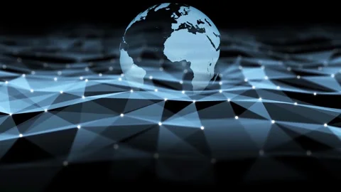 Digital technology wavy dots triangle shapes with earth globe loop animation Stock Footage 340588774