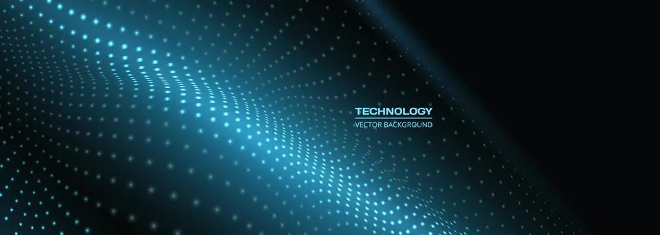 Digital technology wide abstract background with blue tech particle wave. Stock Illustration